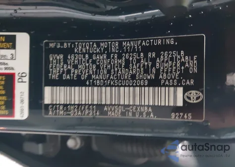 2012 Toyota Camry Hybrid Le из США, поврежденный, VIN 4T1BD1FK5CU002069